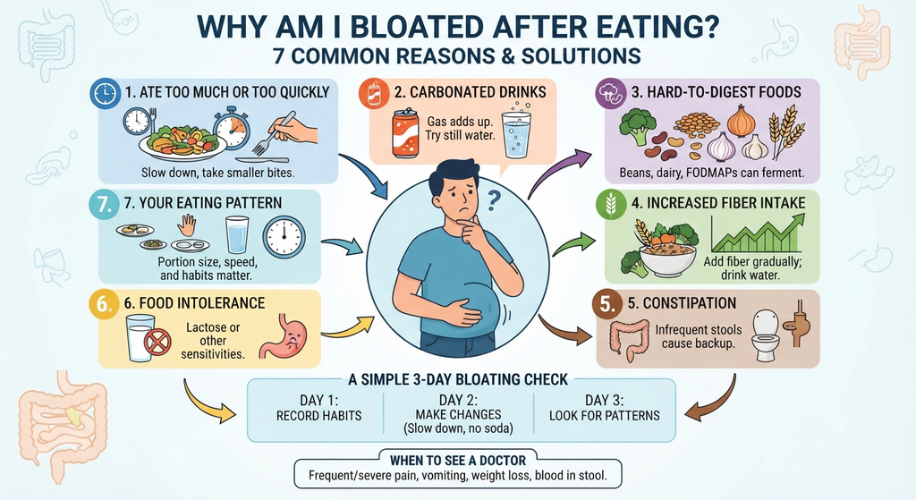 "A health infographic summarizing the 7 common reasons for bloating after eating (overeating, carbonated drinks, hard-to-digest foods, sudden fiber increase, constipation, food intolerance, and eating patterns), along with a 3-day self-check method and when to see a doctor."